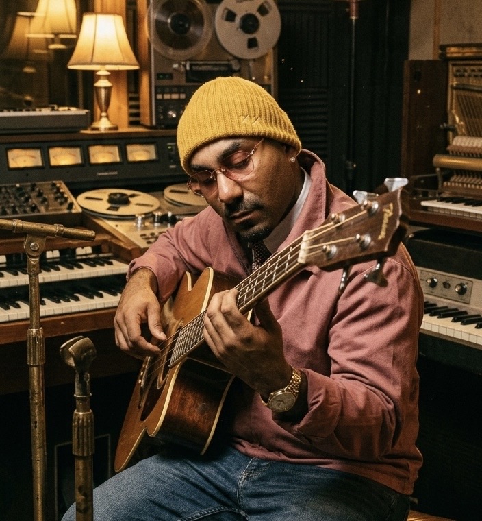 Zieme playing guitar in a vintage recording studio
